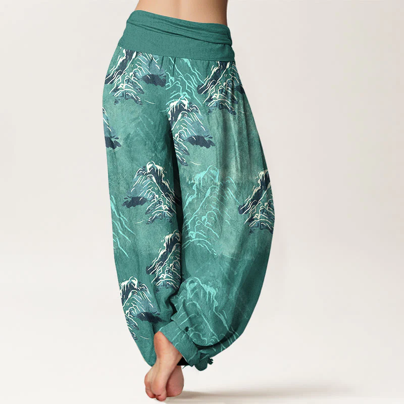 Pantaloni harem da donna con elastico in vita, in puro cotone, con montagne verde smeraldo vivaci, Buddha Stones - Image 10
