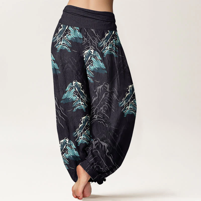 Pantaloni harem da donna con elastico in vita, in puro cotone, con montagne verde smeraldo vivaci, Buddha Stones - Image 2