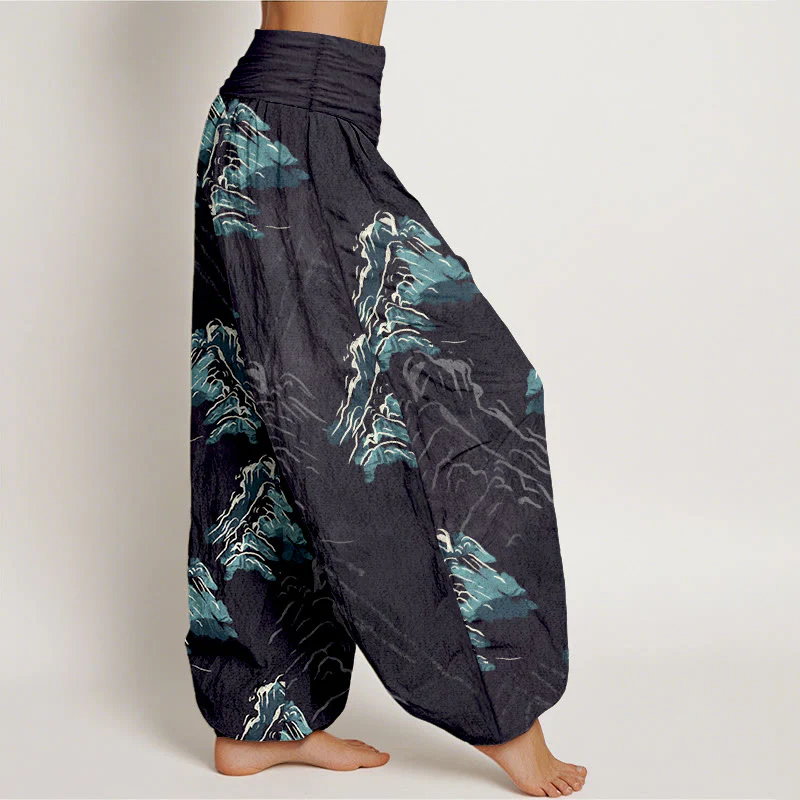 Pantaloni harem da donna con elastico in vita, in puro cotone, con montagne verde smeraldo vivaci, Buddha Stones - Image 3