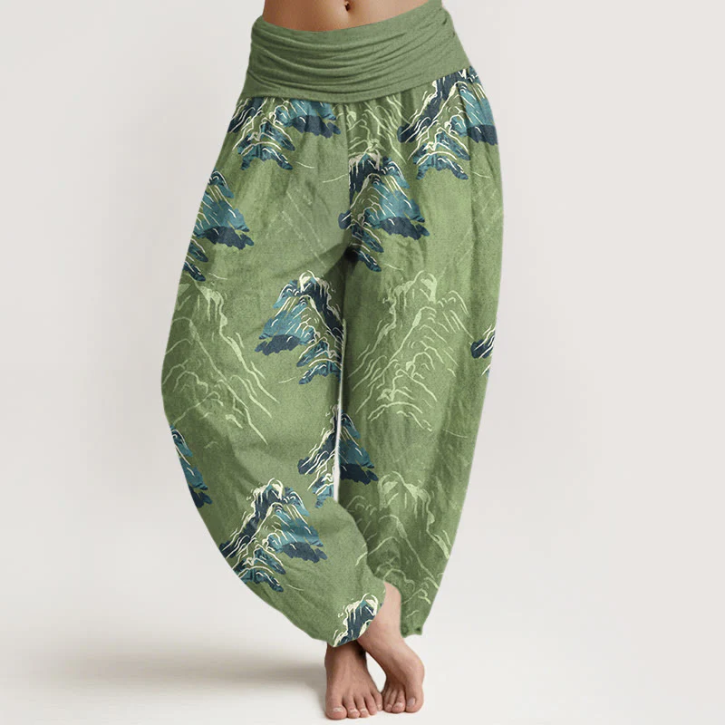 Pantaloni harem da donna con elastico in vita, in puro cotone, con montagne verde smeraldo vivaci, Buddha Stones - Image 6