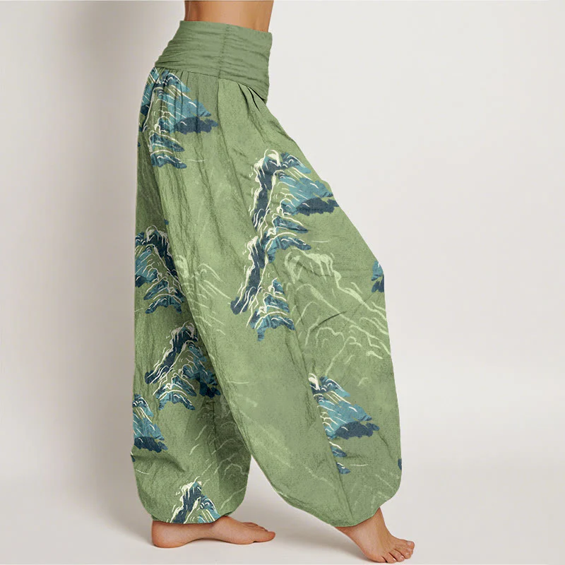 Pantaloni harem da donna con elastico in vita, in puro cotone, con montagne verde smeraldo vivaci, Buddha Stones - Image 8