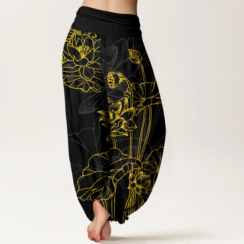 Pantaloni harem da donna con elastico in vita, in puro cotone, con motivo a boccioli di fiori di loto e foglie di baccello , Buddha Stones - Image 10