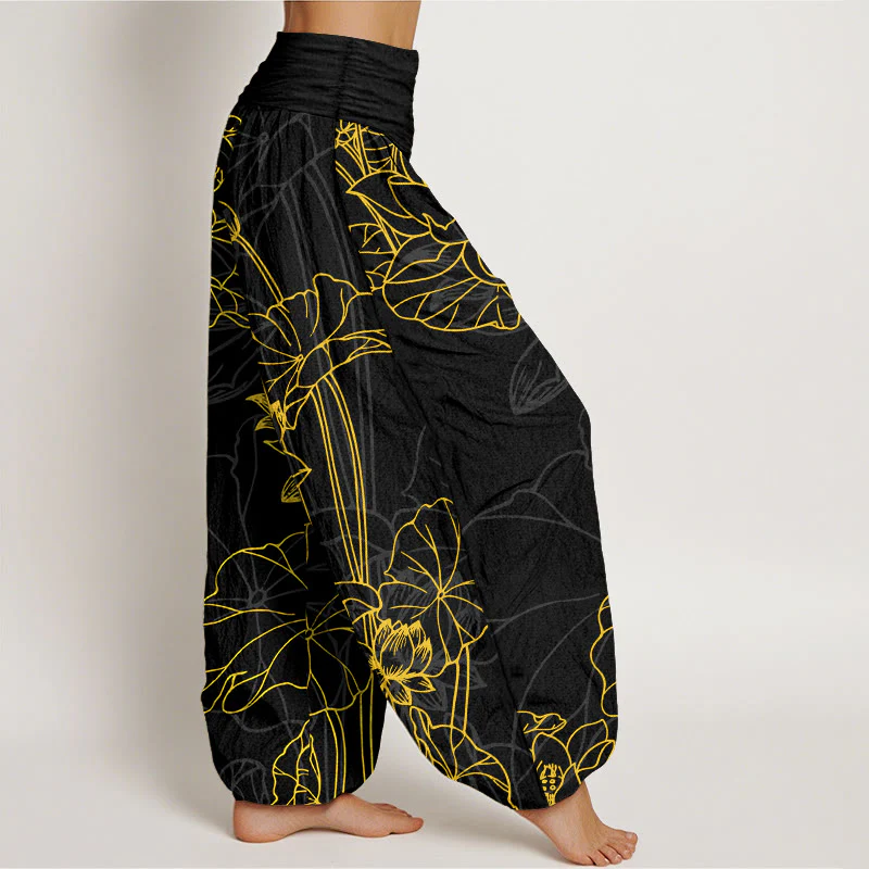 Pantaloni harem da donna con elastico in vita, in puro cotone, con motivo a boccioli di fiori di loto e foglie di baccello , Buddha Stones - Image 11
