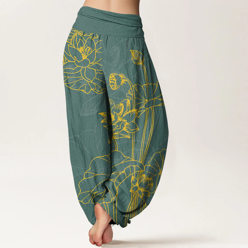 Pantaloni harem da donna con elastico in vita, in puro cotone, con motivo a boccioli di fiori di loto e foglie di baccello , Buddha Stones - Image 2