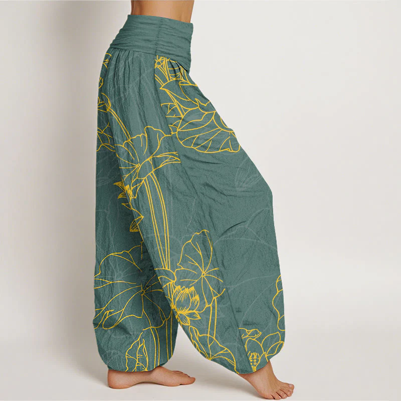 Pantaloni harem da donna con elastico in vita, in puro cotone, con motivo a boccioli di fiori di loto e foglie di baccello , Buddha Stones - Image 3