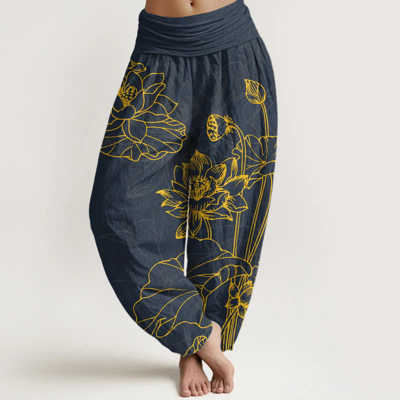Pantaloni harem da donna con elastico in vita, in puro cotone, con motivo a boccioli di fiori di loto e foglie di baccello , Buddha Stones - Image 6