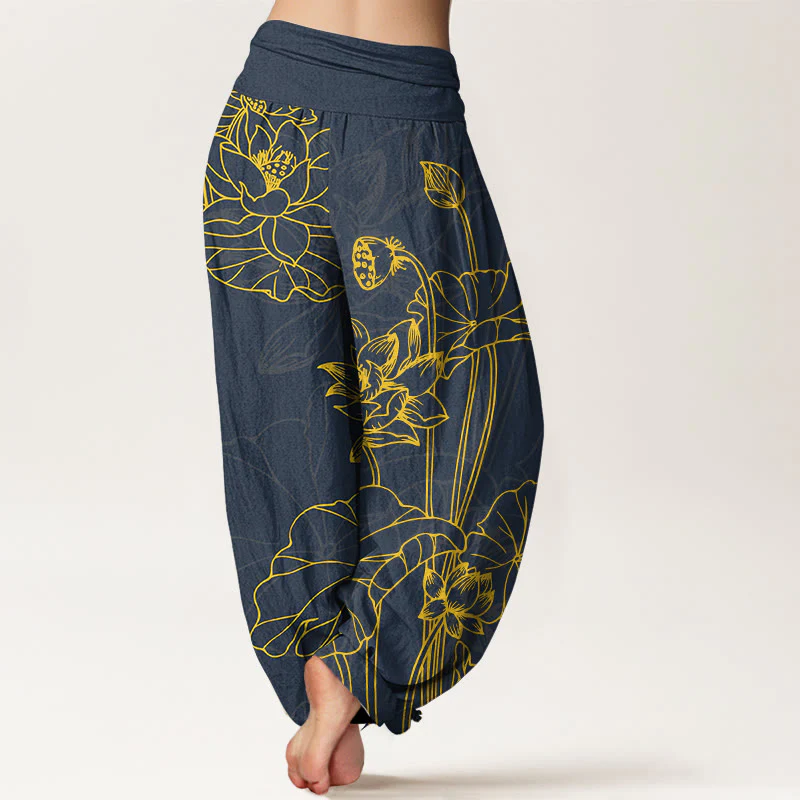 Pantaloni harem da donna con elastico in vita, in puro cotone, con motivo a boccioli di fiori di loto e foglie di baccello , Buddha Stones - Image 7