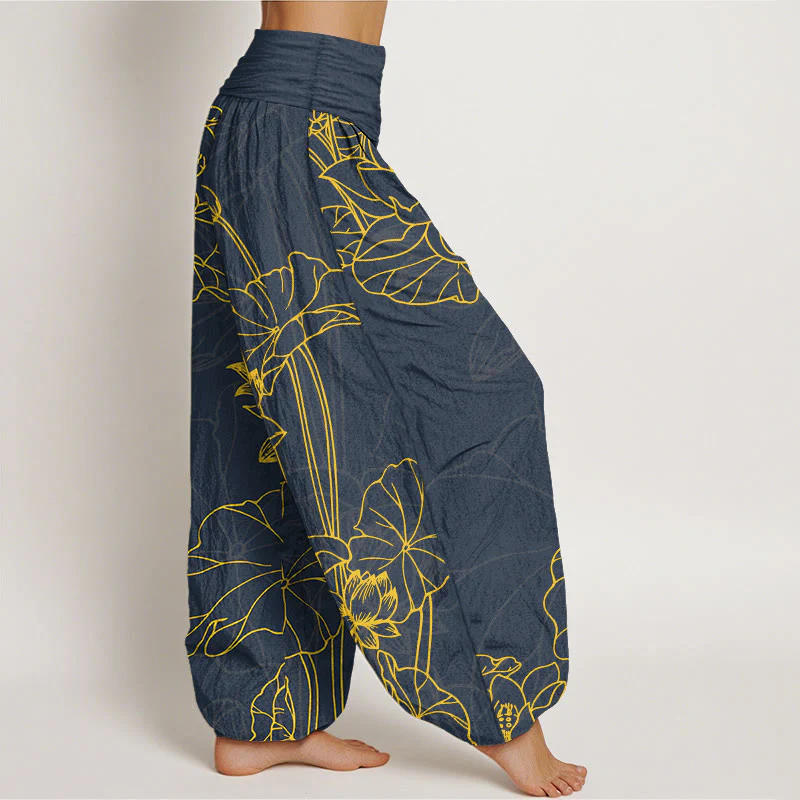 Pantaloni harem da donna con elastico in vita, in puro cotone, con motivo a boccioli di fiori di loto e foglie di baccello , Buddha Stones - Image 8