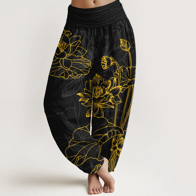 Pantaloni harem da donna con elastico in vita, in puro cotone, con motivo a boccioli di fiori di loto e foglie di baccello , Buddha Stones - Image 9