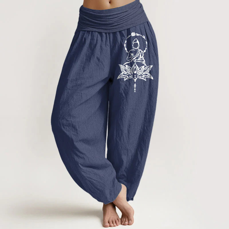 Pantaloni harem da donna con elastico in vita, in puro cotone, con motivo a Buddha Lotus Buddha Stones