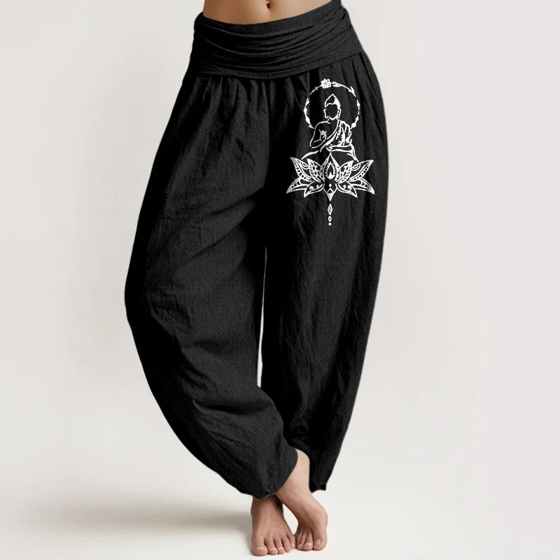 Pantaloni harem da donna con elastico in vita, in puro cotone, con motivo a Buddha Lotus Buddha Stones - Image 6