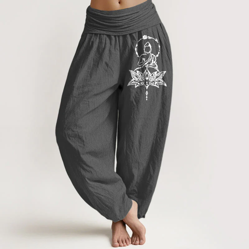 Pantaloni harem da donna con elastico in vita, in puro cotone, con motivo a Buddha Lotus Buddha Stones - Image 9