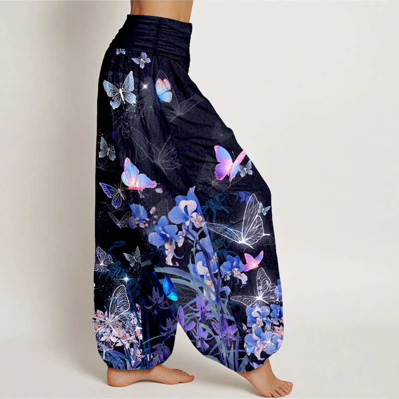 Pantaloni harem da donna con elastico in vita, in puro cotone, con motivo a farfalla, fiore, erba e bambù, effetto sogno Buddha Stones - Image 3