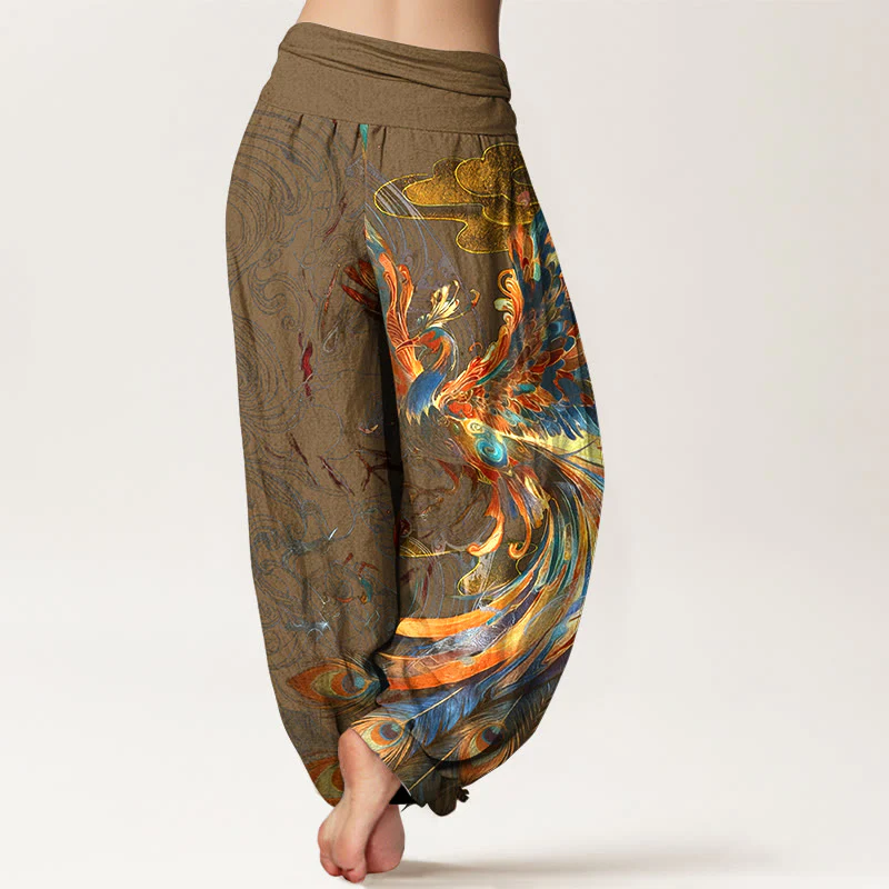 Pantaloni harem da donna con elastico in vita, in puro cotone, con motivo a fenice volante e nuvole, motivo Buddha Stones - Image 10