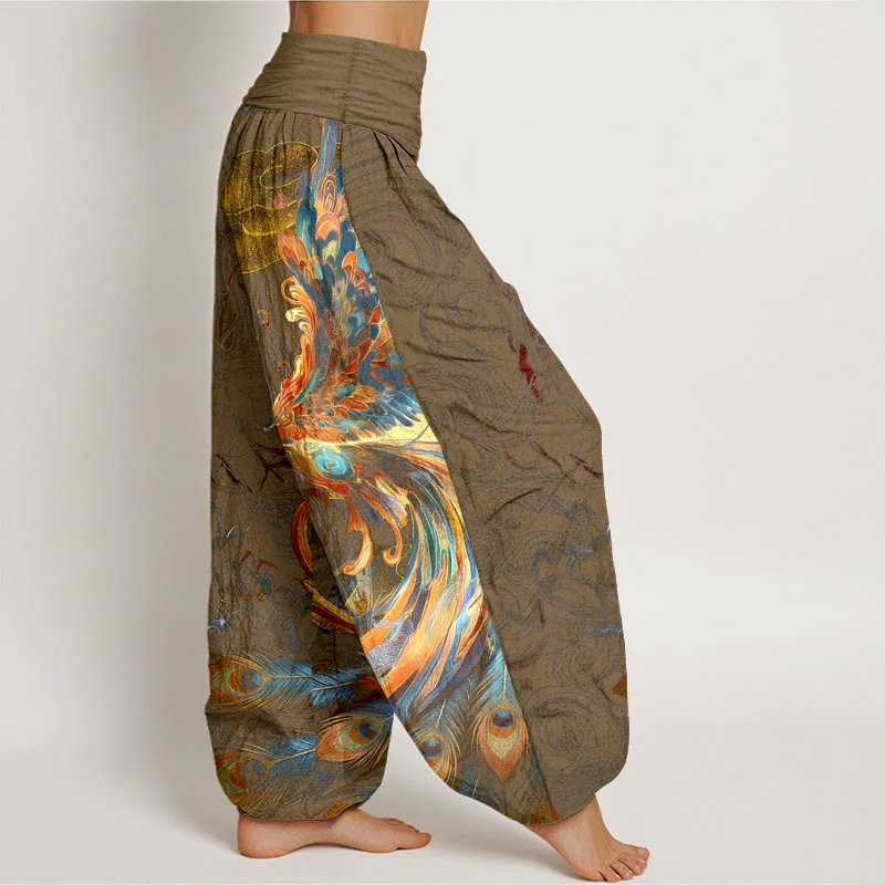 Pantaloni harem da donna con elastico in vita, in puro cotone, con motivo a fenice volante e nuvole, motivo Buddha Stones - Image 11