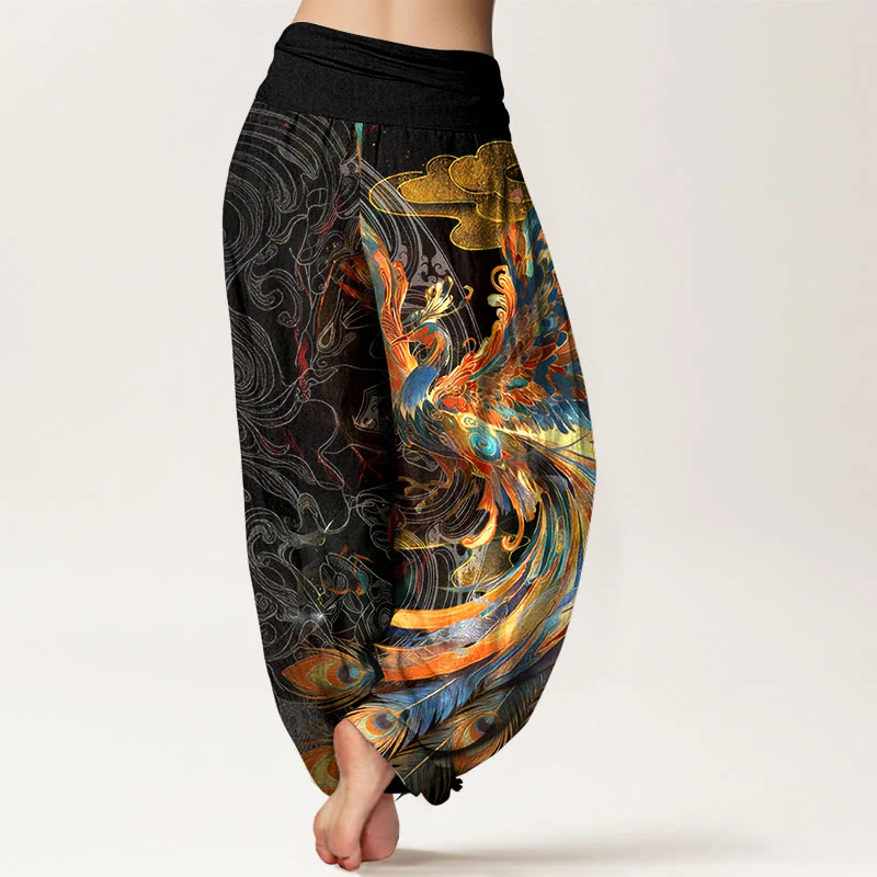 Pantaloni harem da donna con elastico in vita, in puro cotone, con motivo a fenice volante e nuvole, motivo Buddha Stones - Image 2