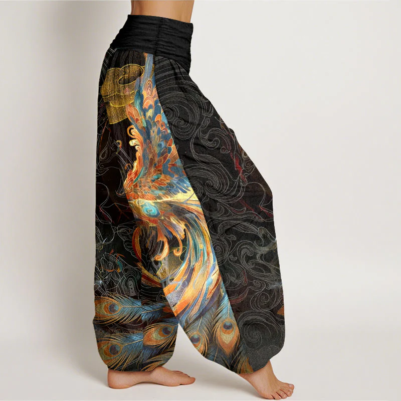 Pantaloni harem da donna con elastico in vita, in puro cotone, con motivo a fenice volante e nuvole, motivo Buddha Stones - Image 3
