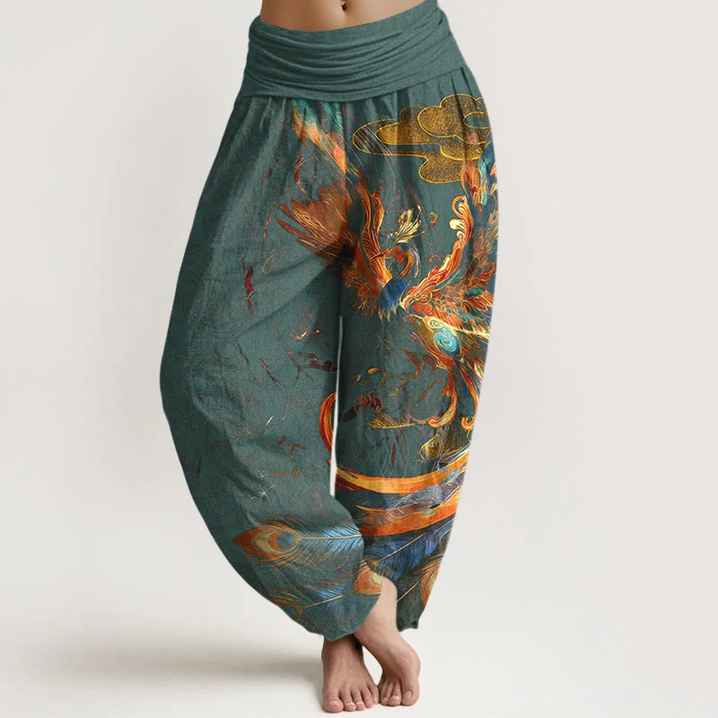 Pantaloni harem da donna con elastico in vita, in puro cotone, con motivo a fenice volante e nuvole, motivo Buddha Stones - Image 6