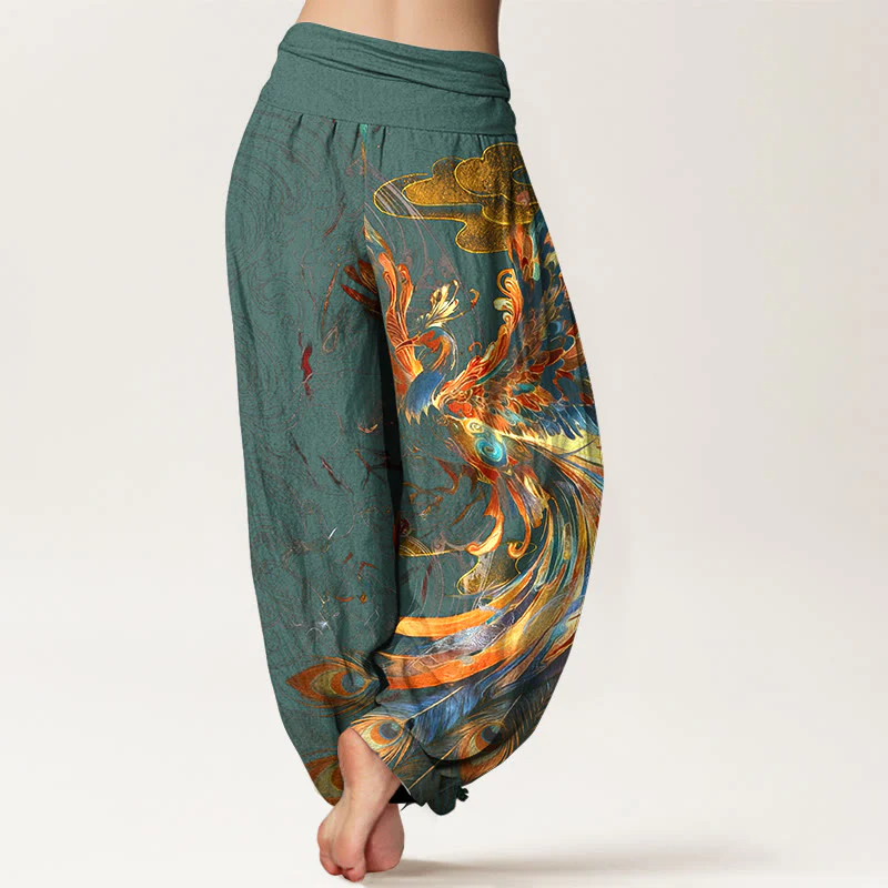 Pantaloni harem da donna con elastico in vita, in puro cotone, con motivo a fenice volante e nuvole, motivo Buddha Stones - Image 7