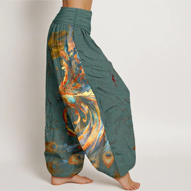 Pantaloni harem da donna con elastico in vita, in puro cotone, con motivo a fenice volante e nuvole, motivo Buddha Stones - Image 8