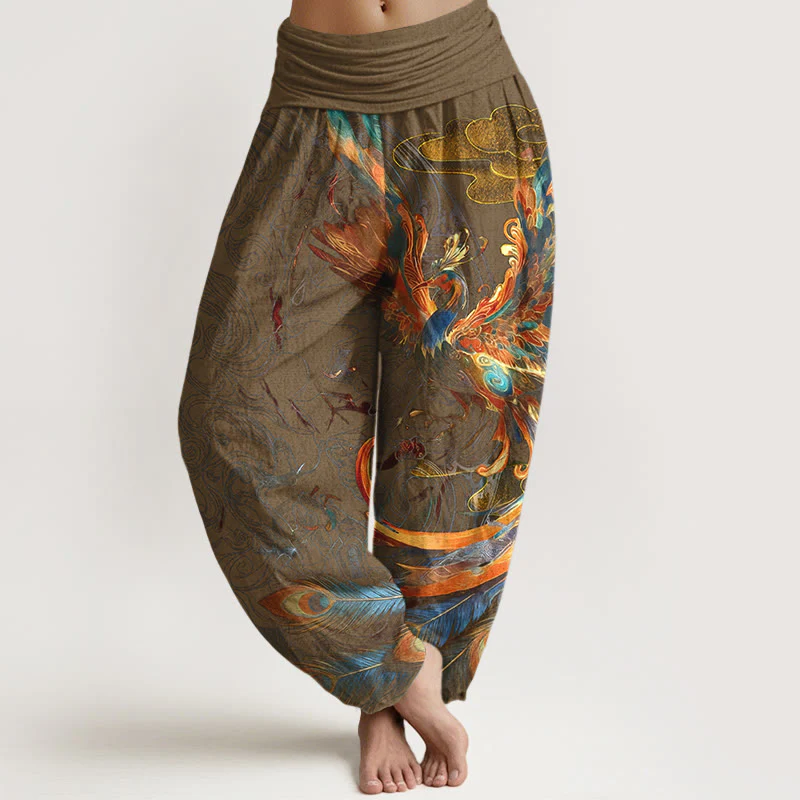 Pantaloni harem da donna con elastico in vita, in puro cotone, con motivo a fenice volante e nuvole, motivo Buddha Stones - Image 9