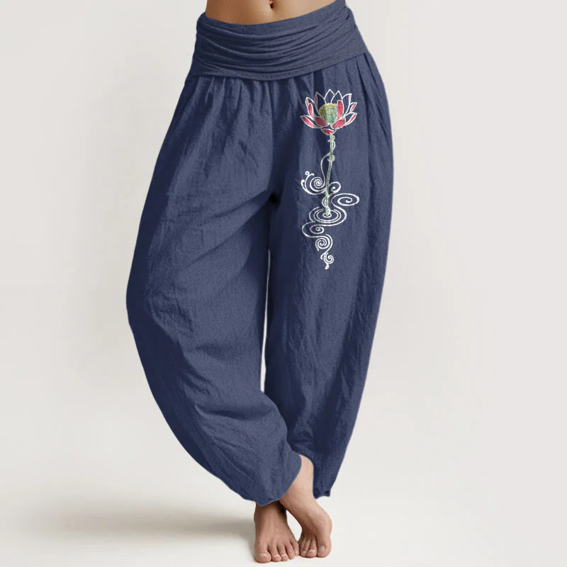 Pantaloni harem da donna con elastico in vita, in puro cotone, con motivo a fiori di loto, motivo Buddha Stones