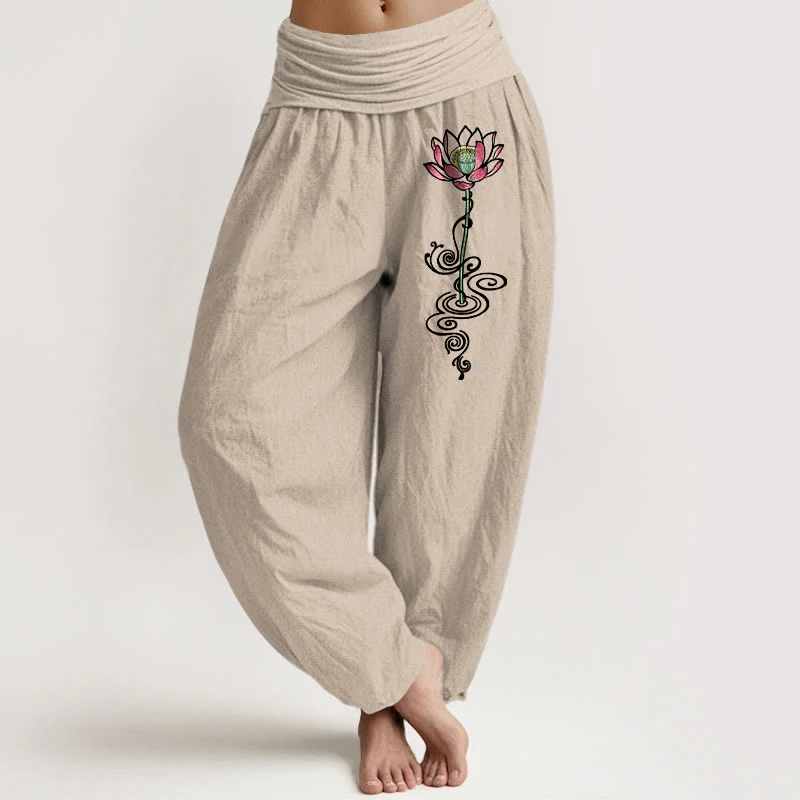 Pantaloni harem da donna con elastico in vita, in puro cotone, con motivo a fiori di loto, motivo Buddha Stones - Image 12