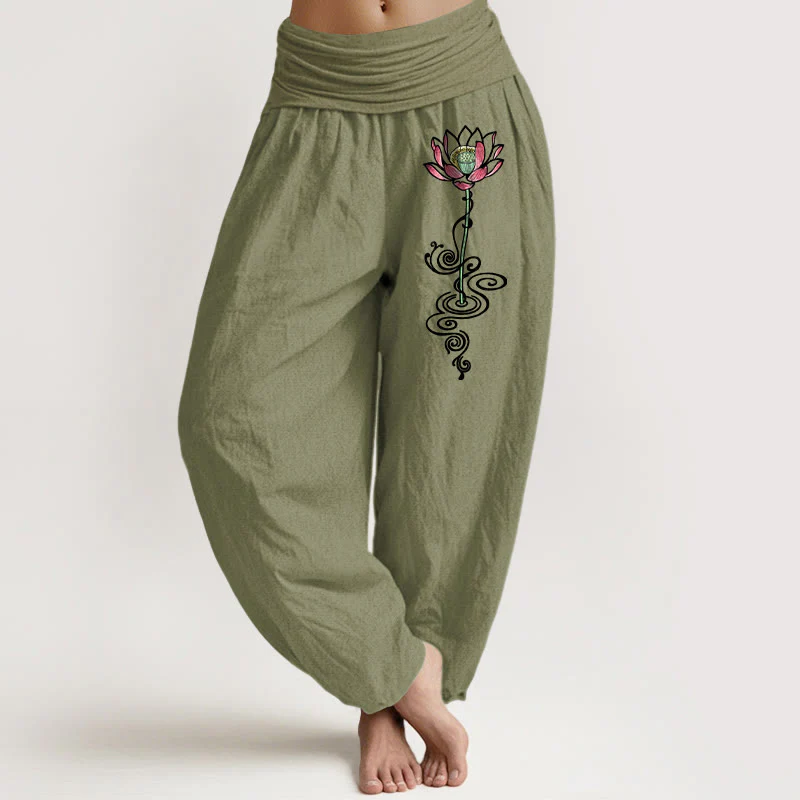 Pantaloni harem da donna con elastico in vita, in puro cotone, con motivo a fiori di loto, motivo Buddha Stones - Image 15