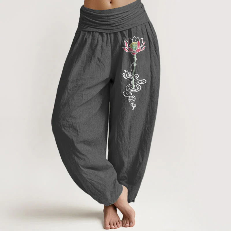 Pantaloni harem da donna con elastico in vita, in puro cotone, con motivo a fiori di loto, motivo Buddha Stones - Image 9