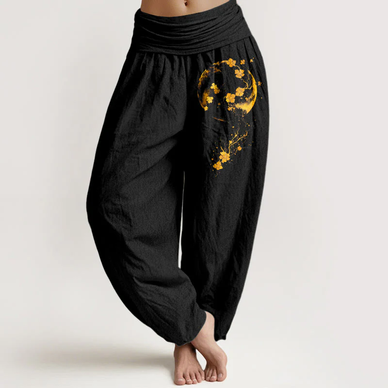 Pantaloni harem da donna con elastico in vita, in puro cotone, con motivo a fiori di luna e viticcio, dai colori vivaci