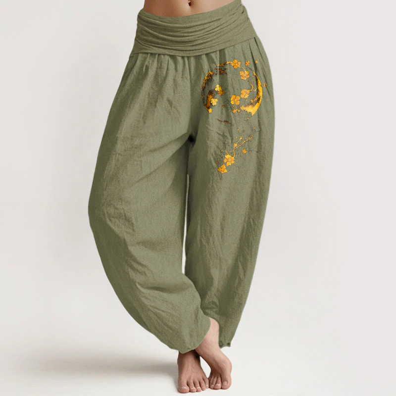 Pantaloni harem da donna con elastico in vita, in puro cotone, con motivo a fiori di luna e viticcio, dai colori vivaci - Image 15