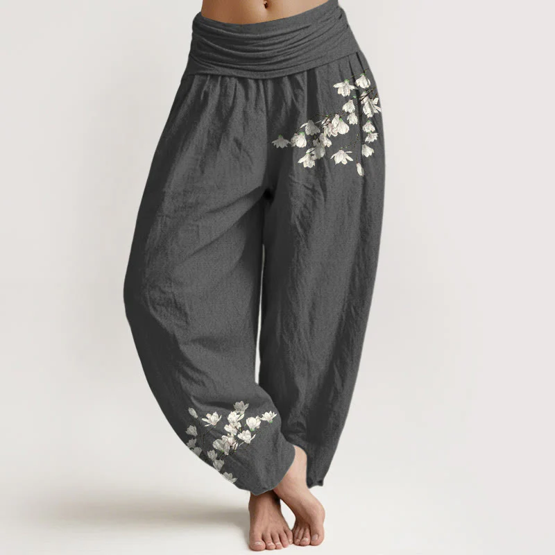 Pantaloni harem da donna con elastico in vita, in puro cotone, con motivo a fiori di magnolia, modello Buddha Stones