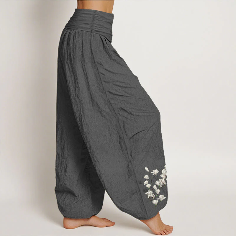 Pantaloni harem da donna con elastico in vita, in puro cotone, con motivo a fiori di magnolia, modello Buddha Stones - Image 3