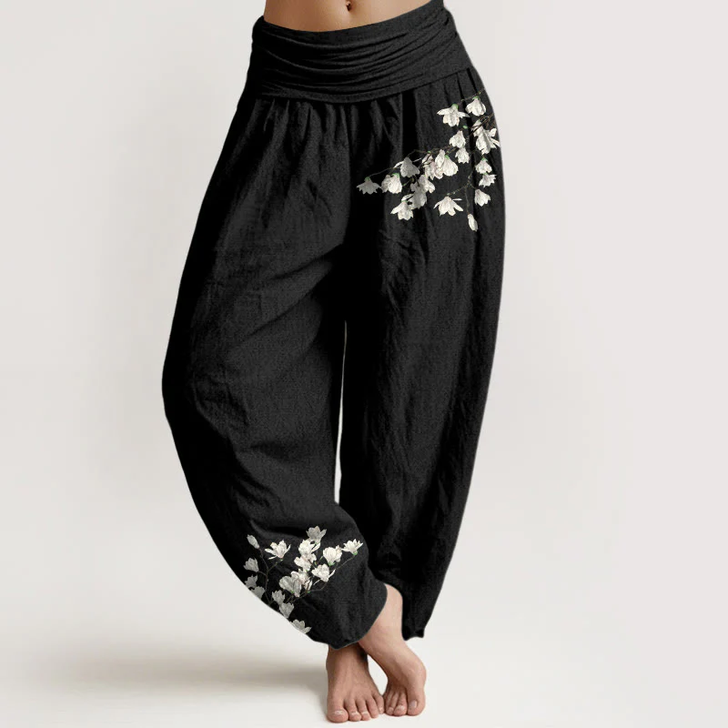 Pantaloni harem da donna con elastico in vita, in puro cotone, con motivo a fiori di magnolia, modello Buddha Stones - Image 6