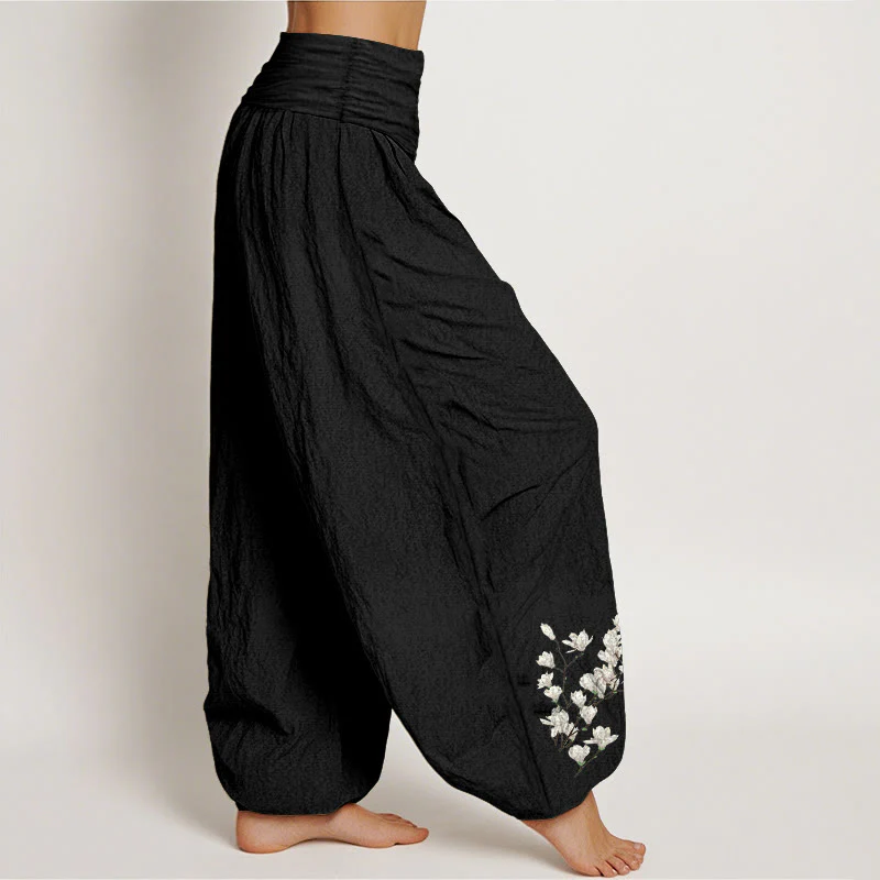 Pantaloni harem da donna con elastico in vita, in puro cotone, con motivo a fiori di magnolia, modello Buddha Stones - Image 8