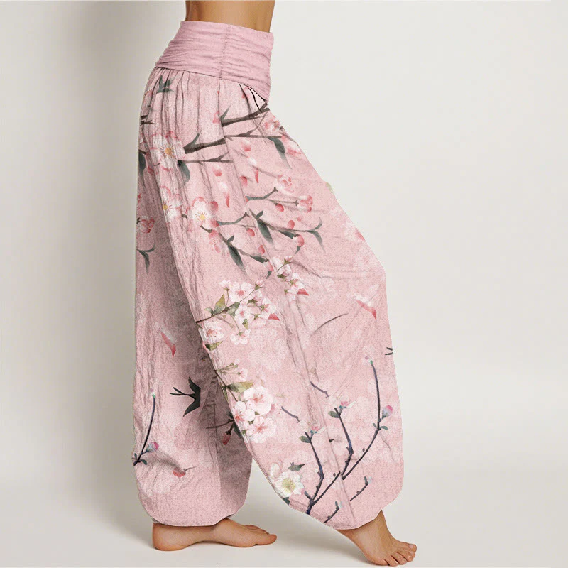 Pantaloni harem da donna con elastico in vita, in puro cotone, con motivo a fiori di pesco e oche volanti, motivo Buddha Stones - Image 8