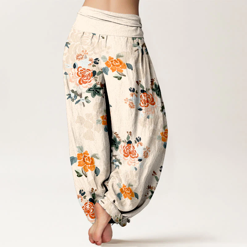 Pantaloni harem da donna con elastico in vita, in puro cotone, con motivo a fiori e foglie dai colori vivaci , Buddha Stones - Image 10