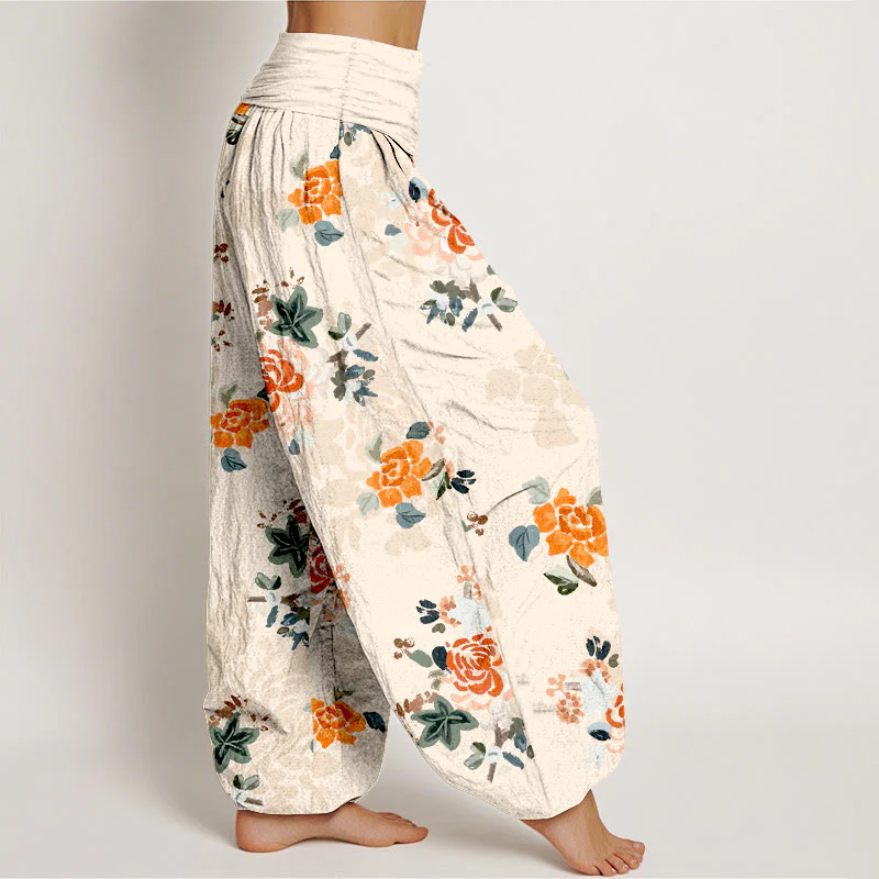 Pantaloni harem da donna con elastico in vita, in puro cotone, con motivo a fiori e foglie dai colori vivaci , Buddha Stones - Image 11