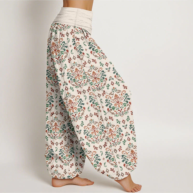 Pantaloni harem da donna con elastico in vita, in puro cotone, con motivo a fiori e foglie simmetrici retrò Buddha Stones - Image 11