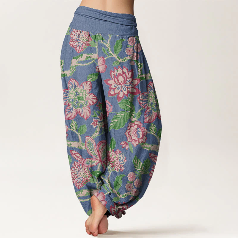 Pantaloni harem da donna con elastico in vita, in puro cotone, con motivo a fiori, foglie, rami e uccelli, motivo Buddha Stones - Image 10