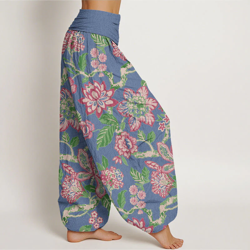 Pantaloni harem da donna con elastico in vita, in puro cotone, con motivo a fiori, foglie, rami e uccelli, motivo Buddha Stones - Image 11