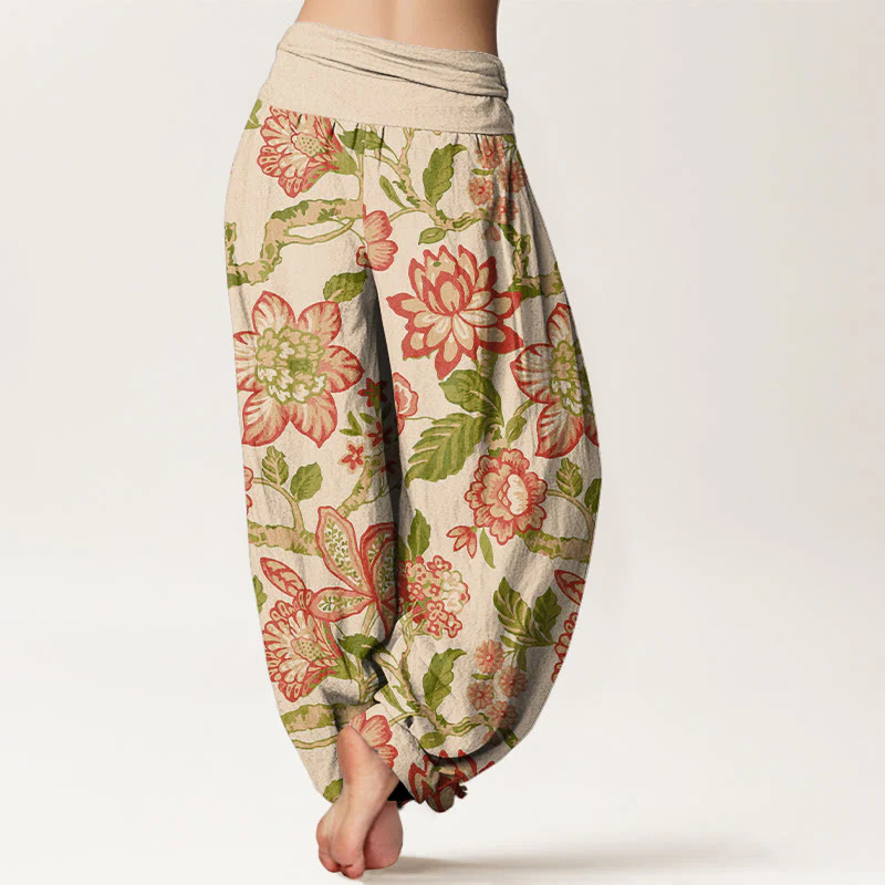 Pantaloni harem da donna con elastico in vita, in puro cotone, con motivo a fiori, foglie, rami e uccelli, motivo Buddha Stones - Image 2