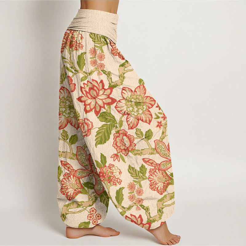Pantaloni harem da donna con elastico in vita, in puro cotone, con motivo a fiori, foglie, rami e uccelli, motivo Buddha Stones - Image 3