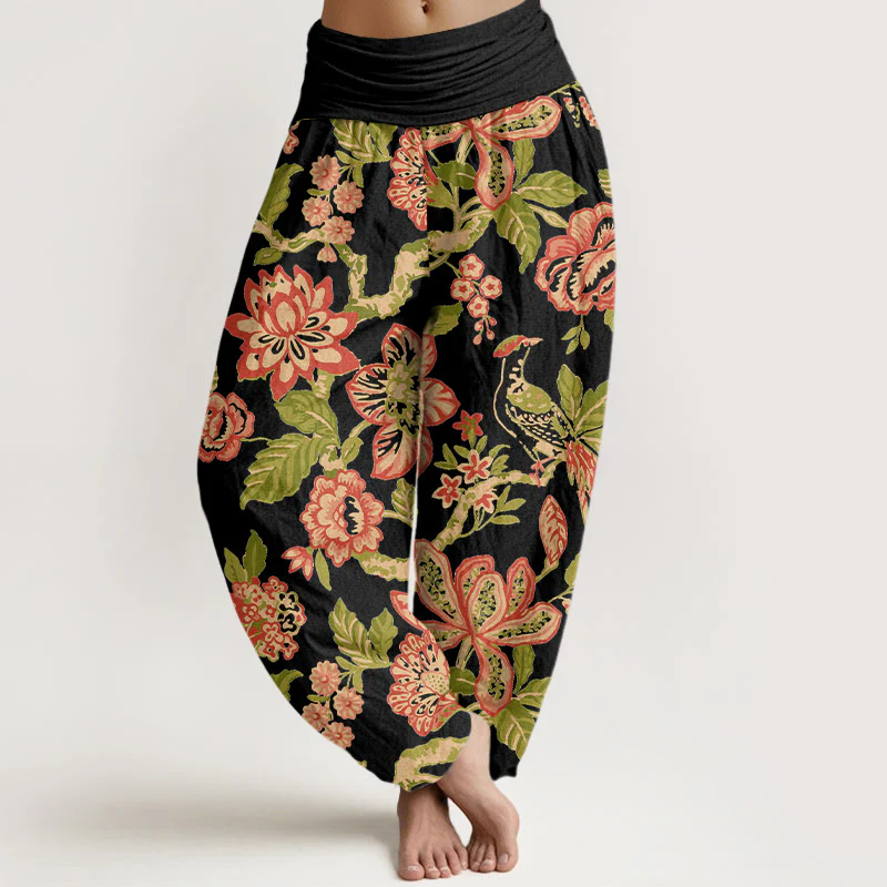 Pantaloni harem da donna con elastico in vita, in puro cotone, con motivo a fiori, foglie, rami e uccelli, motivo Buddha Stones - Image 6