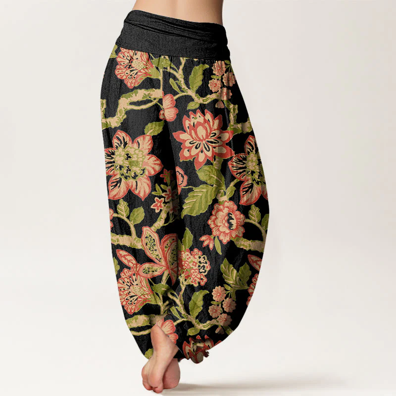Pantaloni harem da donna con elastico in vita, in puro cotone, con motivo a fiori, foglie, rami e uccelli, motivo Buddha Stones - Image 7