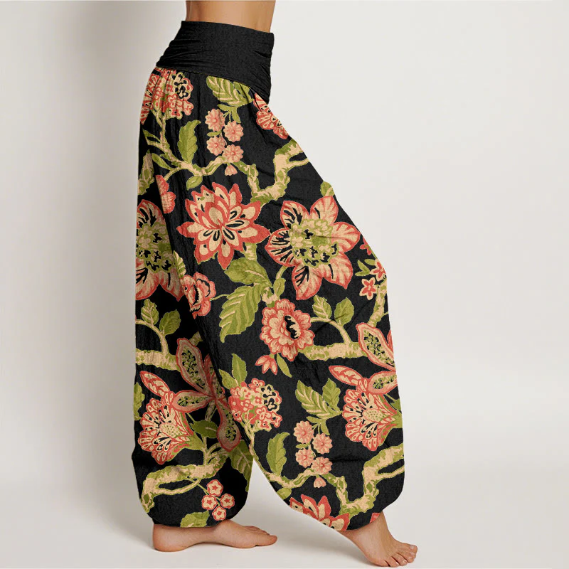 Pantaloni harem da donna con elastico in vita, in puro cotone, con motivo a fiori, foglie, rami e uccelli, motivo Buddha Stones - Image 8