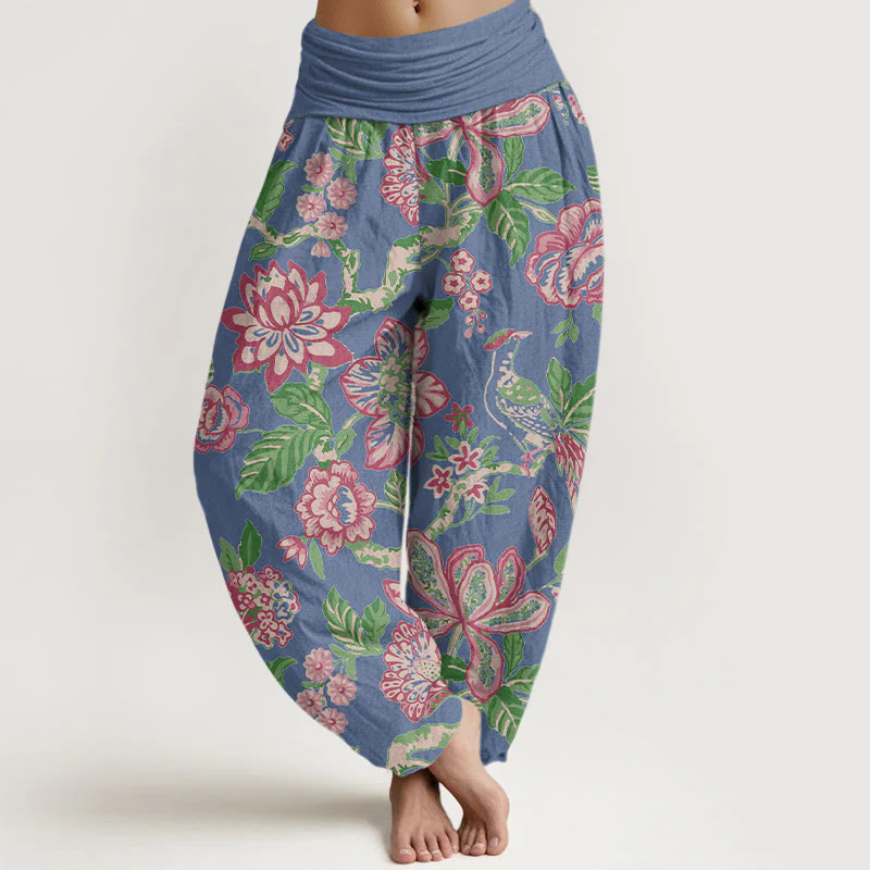 Pantaloni harem da donna con elastico in vita, in puro cotone, con motivo a fiori, foglie, rami e uccelli, motivo Buddha Stones - Image 9