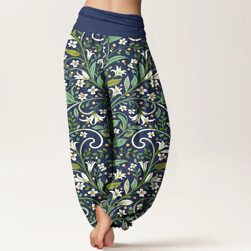 Pantaloni harem da donna con elastico in vita, in puro cotone, con motivo a foglie di giglio e petali, modello Buddha Stones - Image 10
