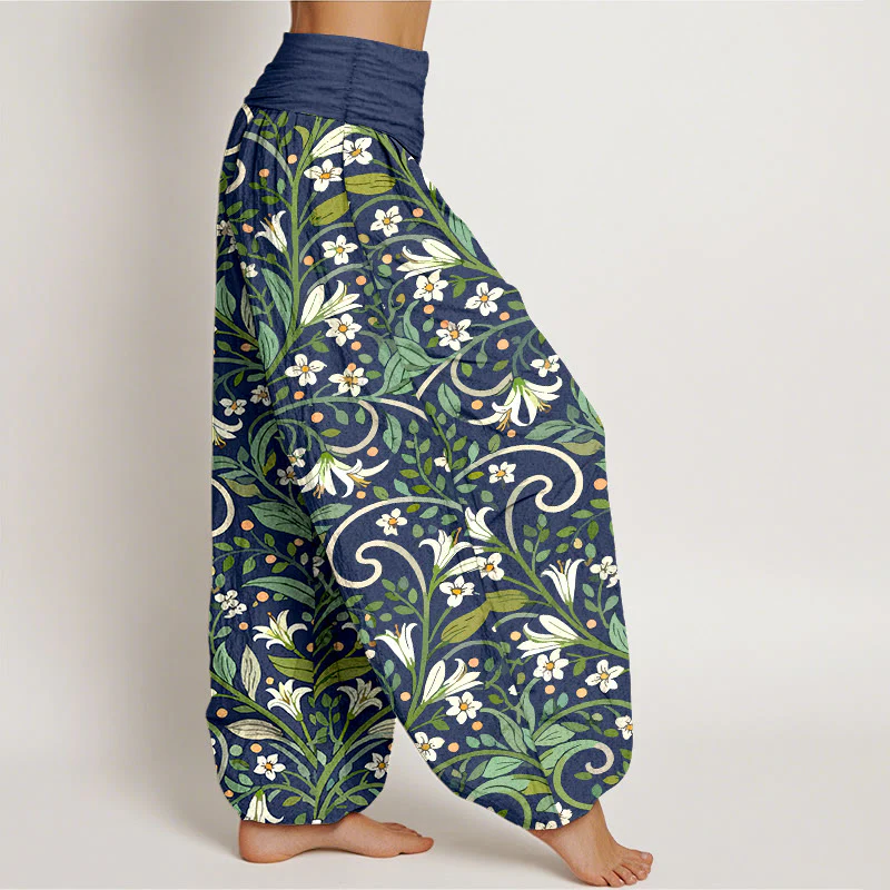 Pantaloni harem da donna con elastico in vita, in puro cotone, con motivo a foglie di giglio e petali, modello Buddha Stones - Image 11