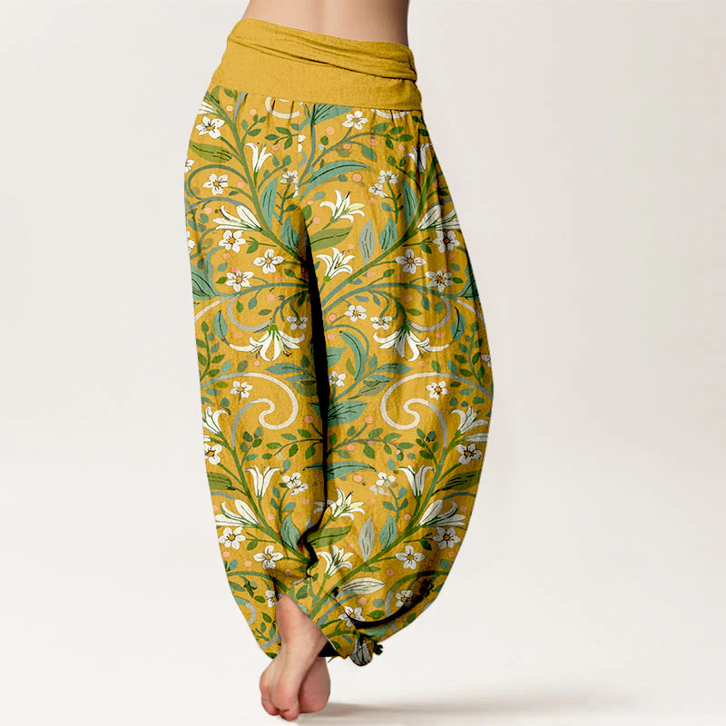 Pantaloni harem da donna con elastico in vita, in puro cotone, con motivo a foglie di giglio e petali, modello Buddha Stones - Image 2